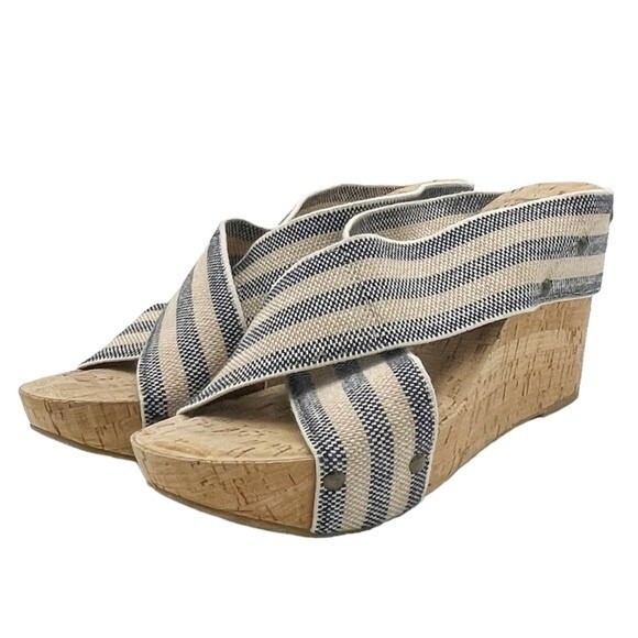 Lucky Brand Miller II Cross Strap Cork Wedge Blue Cream Stripe Women’s Size 9.5 - Picture 6 of 16